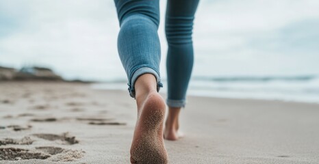 Woman walking barefoot on sandy beach leaving footprints in the sand