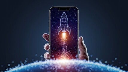 Abstract digital rocket launch from a smartphone screen. Hand-holding cell phone with launching spaceship on the technological futuristic background. Boosting business or internet connection concept 