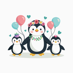 Fototapeta premium Cute penguins in love in childish style with red heart and balloons. animals, valentine day decoration. Vector flat silhouette illustration