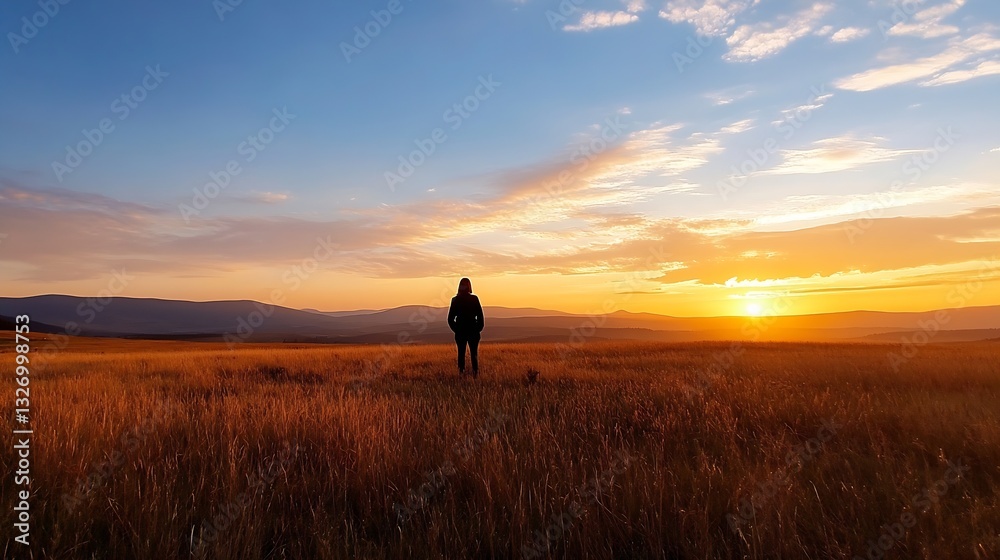 Poster silhouette of person standing in golden field at dusk with sunset glow : generative ai