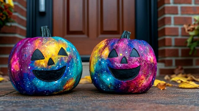 Colorful galaxy-themed pumpkins on a doorstep during autumn celebration