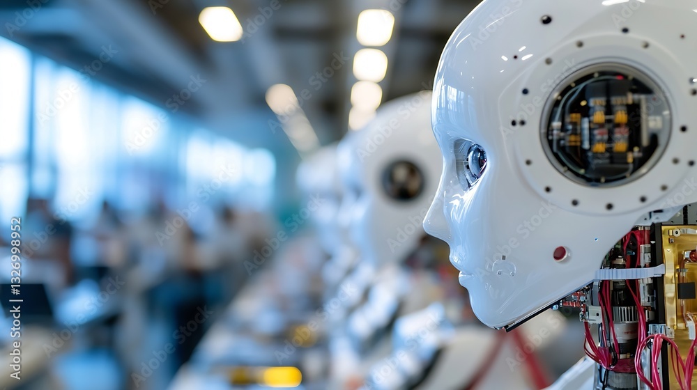 Aufkleber Futuristic humanoid robots lined up in bright modern space showcasing advanced technology and design : Generative AI