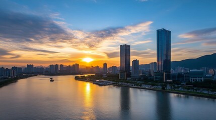 Obraz premium Magnificent sunset skyline view over a modern city reflecting in the calm waters of a river at dusk : Generative AI