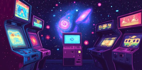 The arcade room is set against a beautiful cosmic space scene