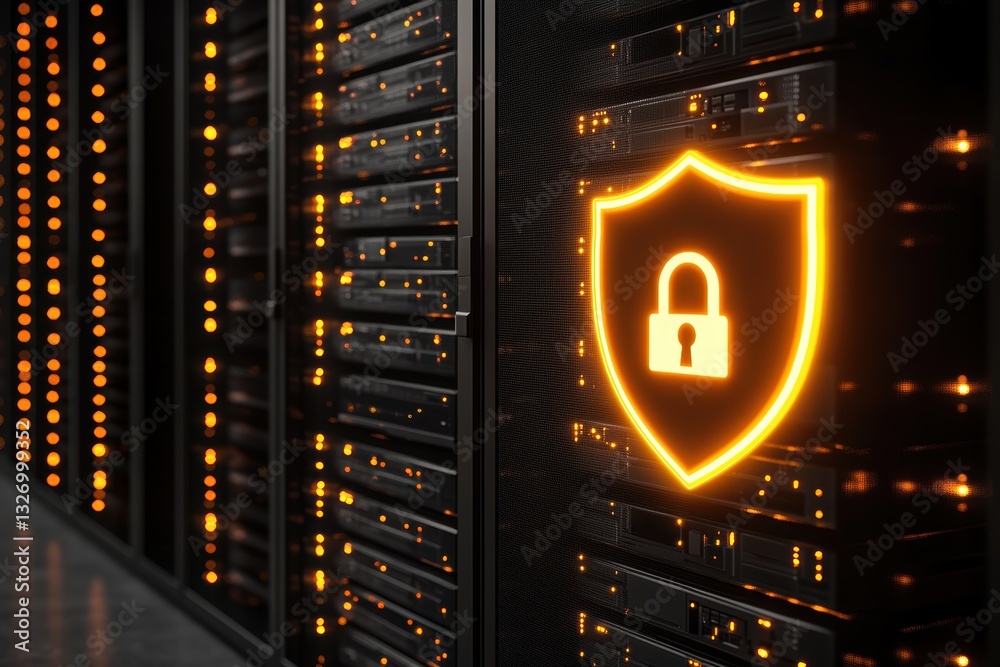 Poster secure data center features glowing shield symbolizing protection and data safety