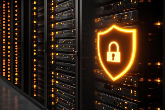 Secure data center features glowing shield symbolizing protection and data safety