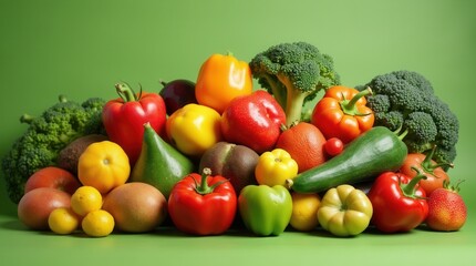 Vibrant colorful vegetables arranged on green background