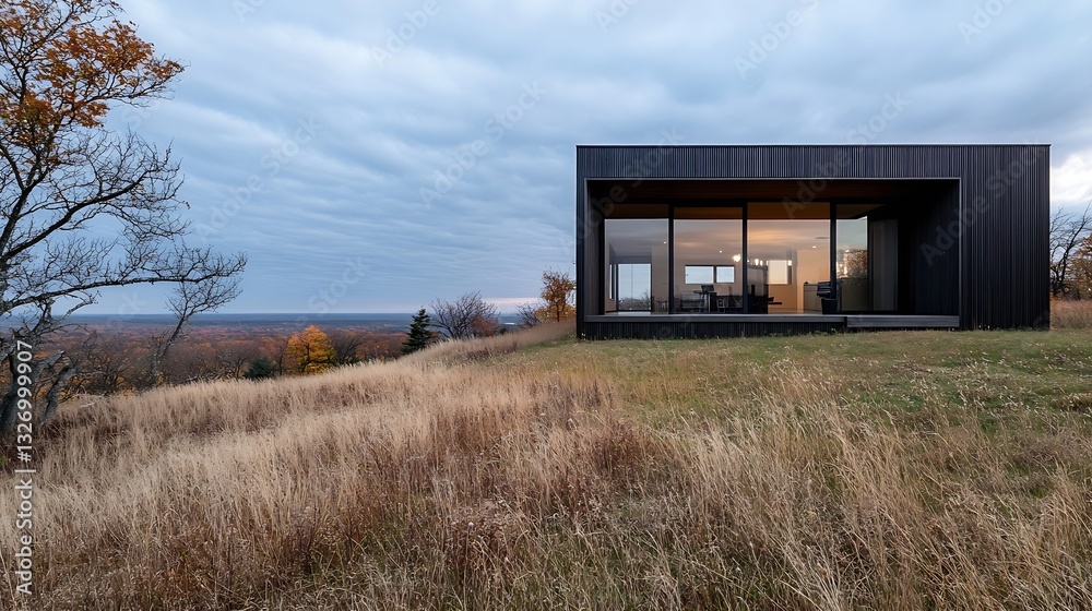Poster modern architectural house on a hillside surrounded by grass and autumn foliage beneath a cloudy sky