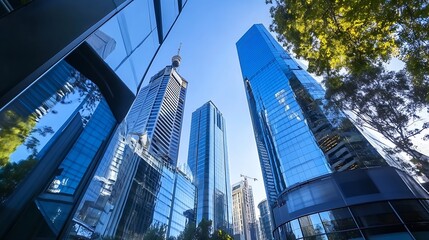 Modern City Skyline with Reflective Glass Skyscrapers Under Clear Blue Sky : Generative AI