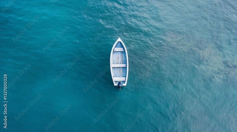 Poster isolated wooden boat floating serenely on crystal clear turquoise waters in a tranquil ocean setting