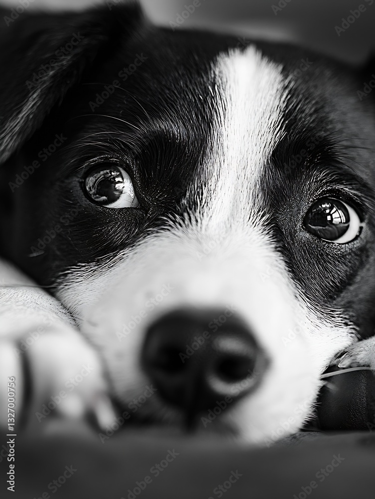 Poster close up view of a sleepy dog gazing with captivating big eyes in black and white : generative ai