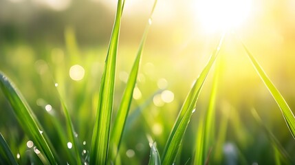 Obraz premium Vibrant Green Grass Blades Covered with Dew Sparkling in Morning Sunlight Warmth : Generative AI