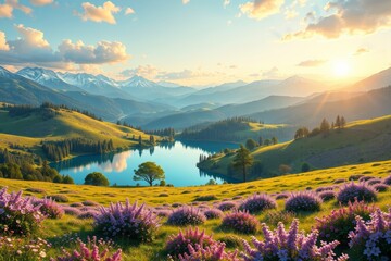 mountains and a lake in the distance with purple flowers in the foreground