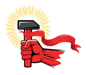 May Day red fist with hammer and flag. Labour Day vector template for greeting card on transparent background