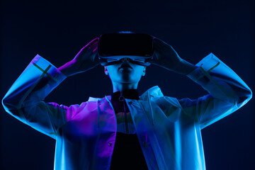 A person wearing a VR headset immersed in a neon-lit environment, representing futuristic...