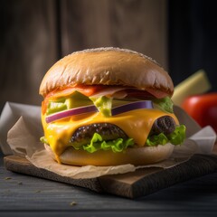 Delicious cheeseburger with a grilled beef patty, melted cheddar cheese, fresh lettuce, tomato, red onion, and a sesame seed bun, wrapped in brown paper against a dark background.