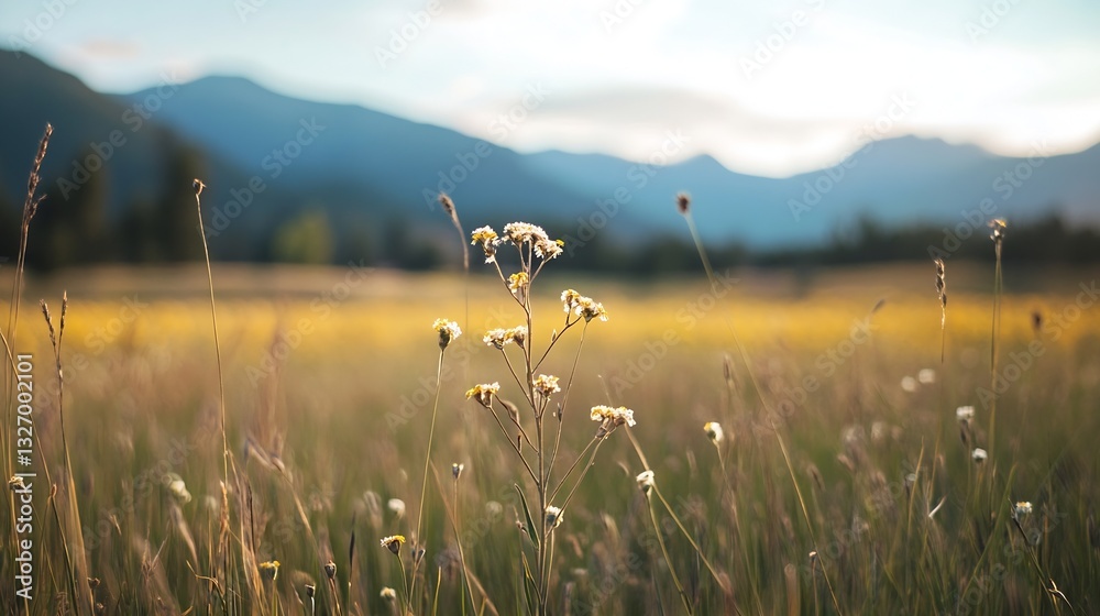 Poster lush wildflower field with soft sunlight illuminating a variety of flowers against a distant mountai