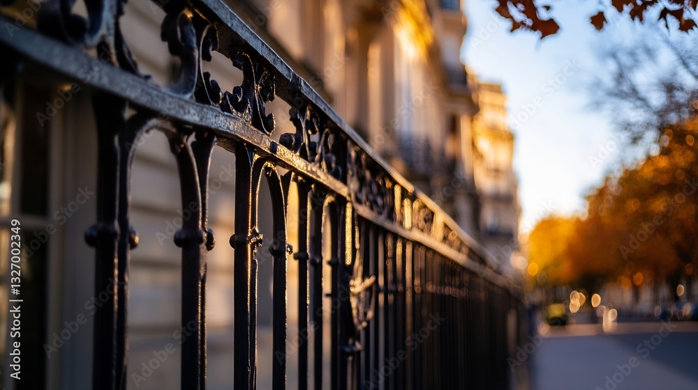 Aufkleber closeup of an elegant street fence capturing the essence of urban architecture and detail in autumn 