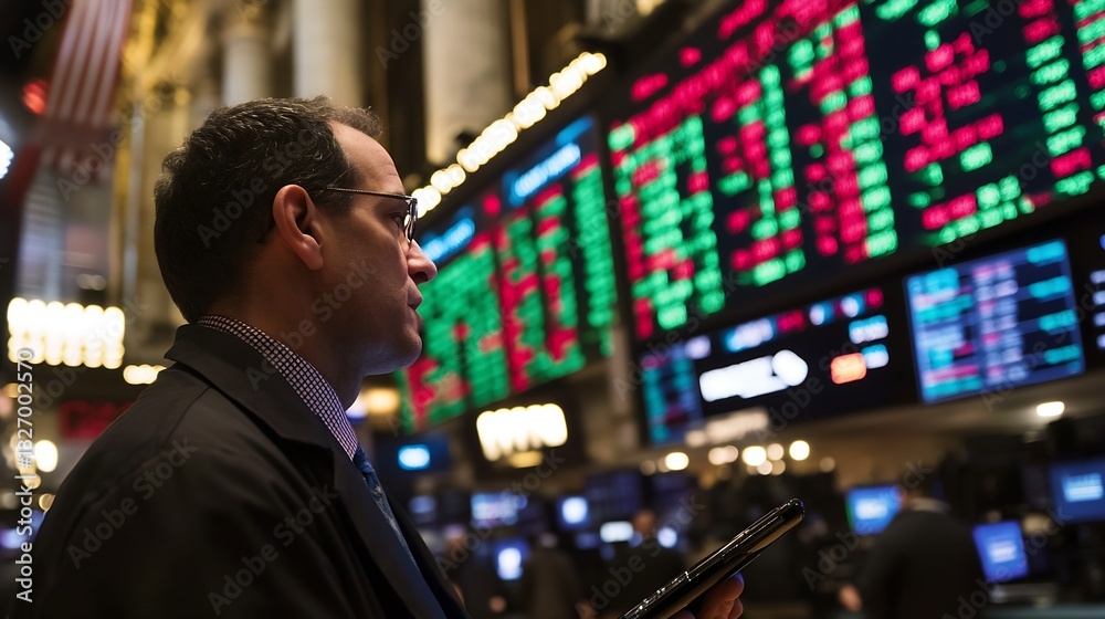 Poster Focused Stock Trader Analyzing Market Data Displayed on Large Screens in Busy Trading Floor : Generative AI