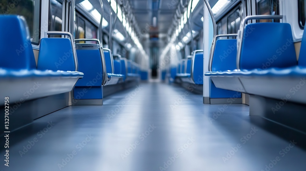 Poster interior view of an empty subway train with blue seating and clean lines inviting peaceful travels :