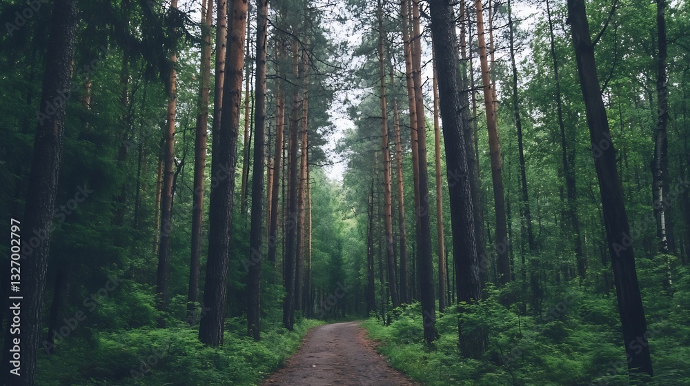 Poster A tranquil forest pathway surrounded by tall trees and lush greenery inviting exploration : Generative AI