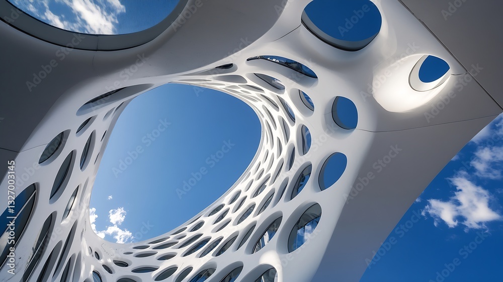 Poster innovative architectural design featuring unique shapes and patterns with a bright blue sky above : 