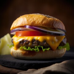 Delicious cheeseburger with a grilled beef patty, melted cheddar cheese, fresh lettuce, tomato, red onion, and a sesame seed bun, wrapped in brown paper against a dark background.