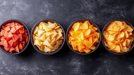Colorful Assortment of Crispy Tortilla Chips in Bowls on Dark Textured Background Overhead Shot Delicious Snack