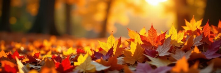 Crisp autumn day, sun flares illuminate colorful leaf pile , photo, park