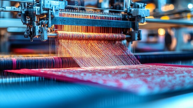 Close-up of industrial loom weaving colorful fabric.