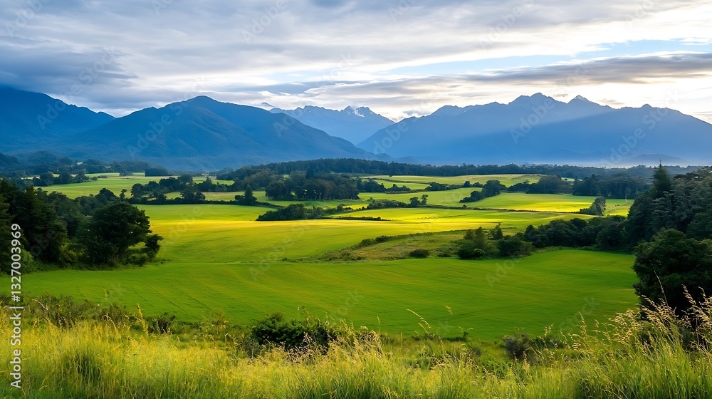 Poster breathtaking panoramic view of lush green fields and majestic mountains under a cloudy sky : generat