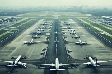 A vast aerial view of a bustling international airport, with planes moving along the runway and terminals in sight with copy space. Bright natural lighting. Expansive cityscape background.