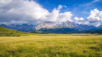 Fototapeta premium Breathtaking landscape of mountains and a vast green field under a dramatic sky filled with clouds : Generative AI