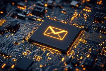 Computer chip with email icon symbolizing digital communication and technology advancements