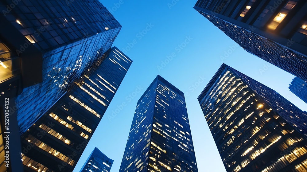 Poster stunning urban skyline view with towering skyscrapers against a twilight sky : generative ai