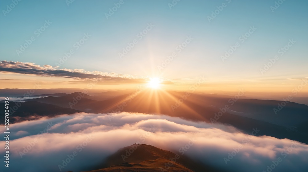 Poster breathtaking view of sunrise over mountains with mist and golden rays illuminating the landscape : g