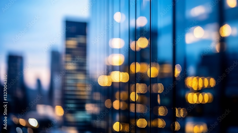 Poster stunning cityscape reflected on a modern building showcasing mesmerizing bokeh lights in urban ambia