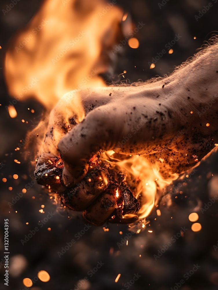 Poster dynamic shot of a hand holding burning coals engulfed in bright flames sparking ash particles : gene