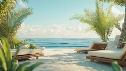 Relaxing beach atmosphere with sun loungers and serene ocean view during a sunny day