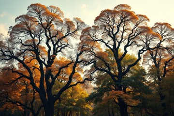 Fototapeta premium trees with yellow leaves in a park with a sky background