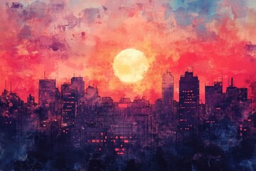 Obraz premium A stunning cityscape features a sunset with buildings in the foreground