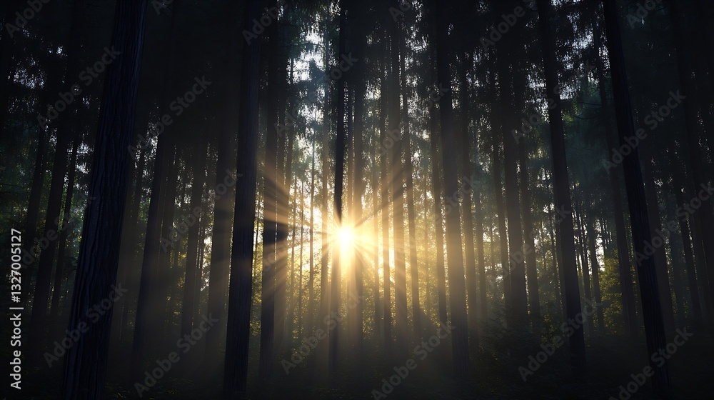 Aufkleber Sunlight streaming through tall trees in a peaceful forest creating a magical atmosphere : Generative AI