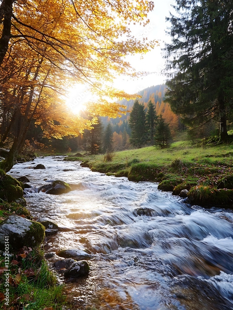 Poster Majestic autumn river scene with sunlight filtering through colorful trees creating a serene natural setting : Generative AI
