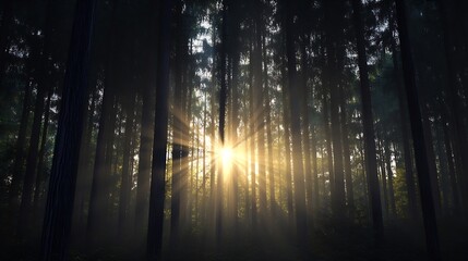Sunlight streaming through tall trees in a peaceful forest creating a magical atmosphere : Generative AI