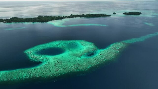 Aerial view of abstract blue reef and idyllic tropical island in the ocean, Gizo, New Georgia Islands, Solomon Islands.