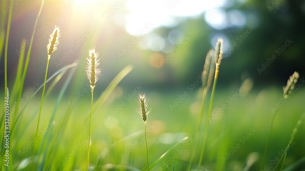 Poster golden sunlight shines through soft blades of grass creating a tranquil natural scene : generative a