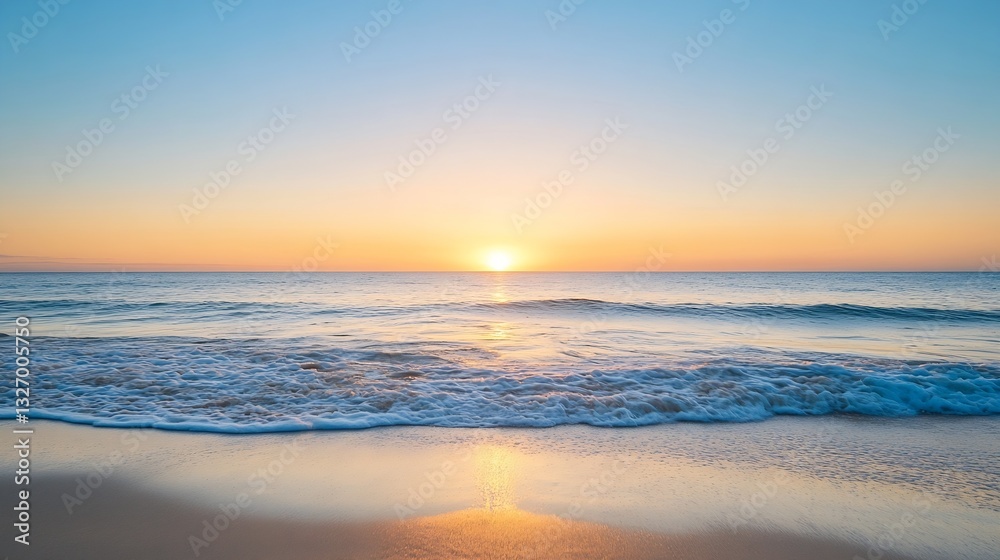 Aufkleber calm ocean wave rolling onto a pristine beach during a mesmerizing sunset moment : generative ai