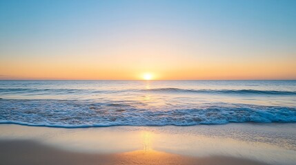 Calm ocean wave rolling onto a pristine beach during a mesmerizing sunset moment : Generative AI