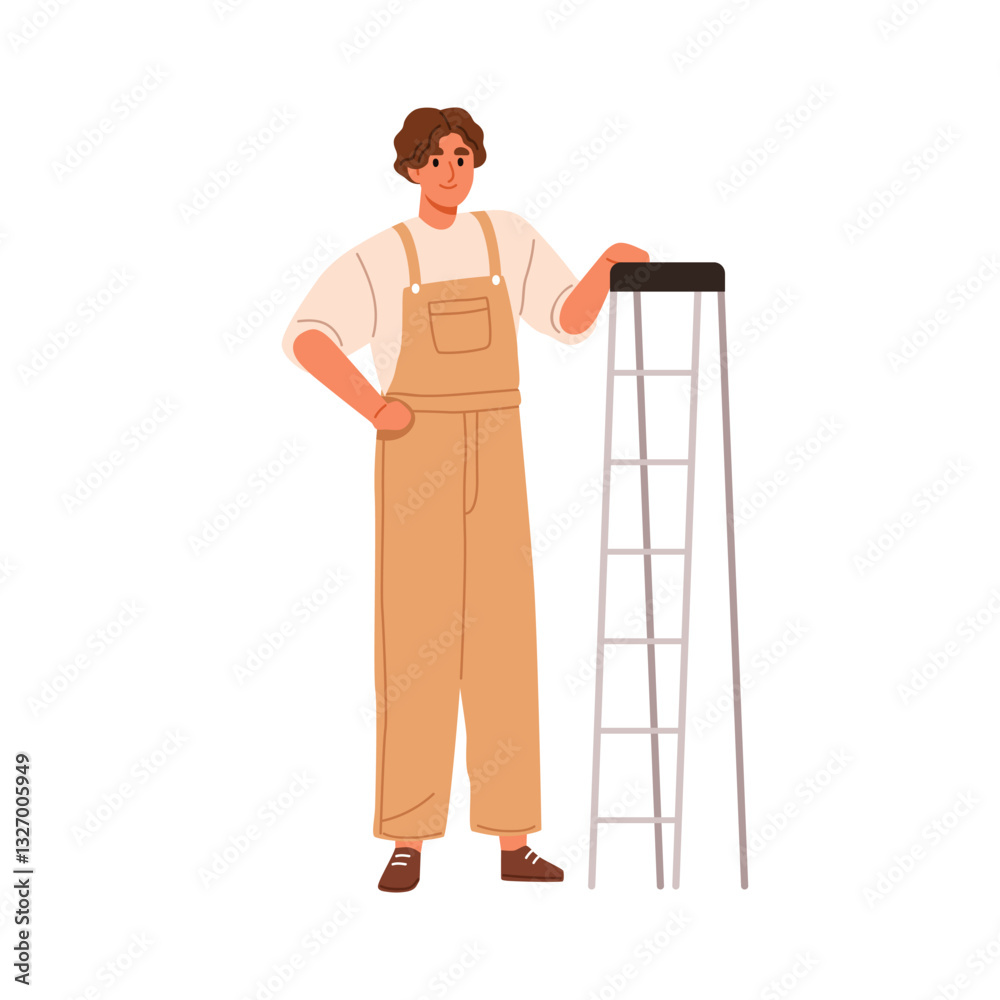 Aufkleber man worker with ladder. builder, repairman in overalls standing with stepladder for building work. p