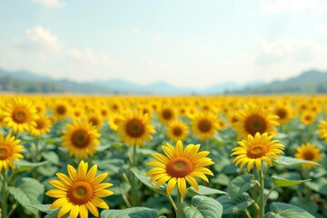 Obraz premium there are many sunflowers in a field with mountains in the background